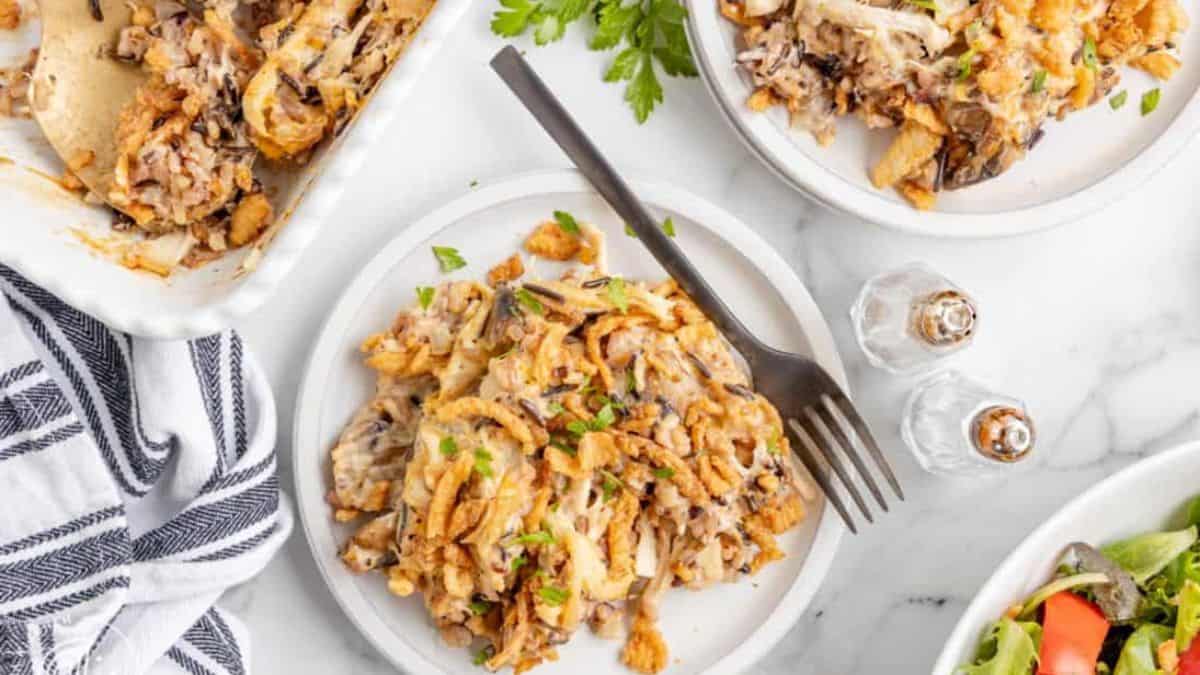 Chicken and Wild Rice Casserole served on a plate.