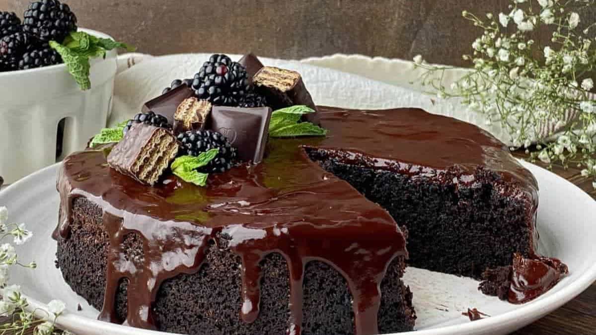Chocolate Ganache Cake served on a plate.