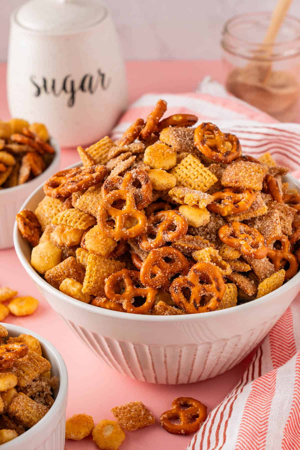 A bowl of Churro Chex Mix With Cinnamon Sugar