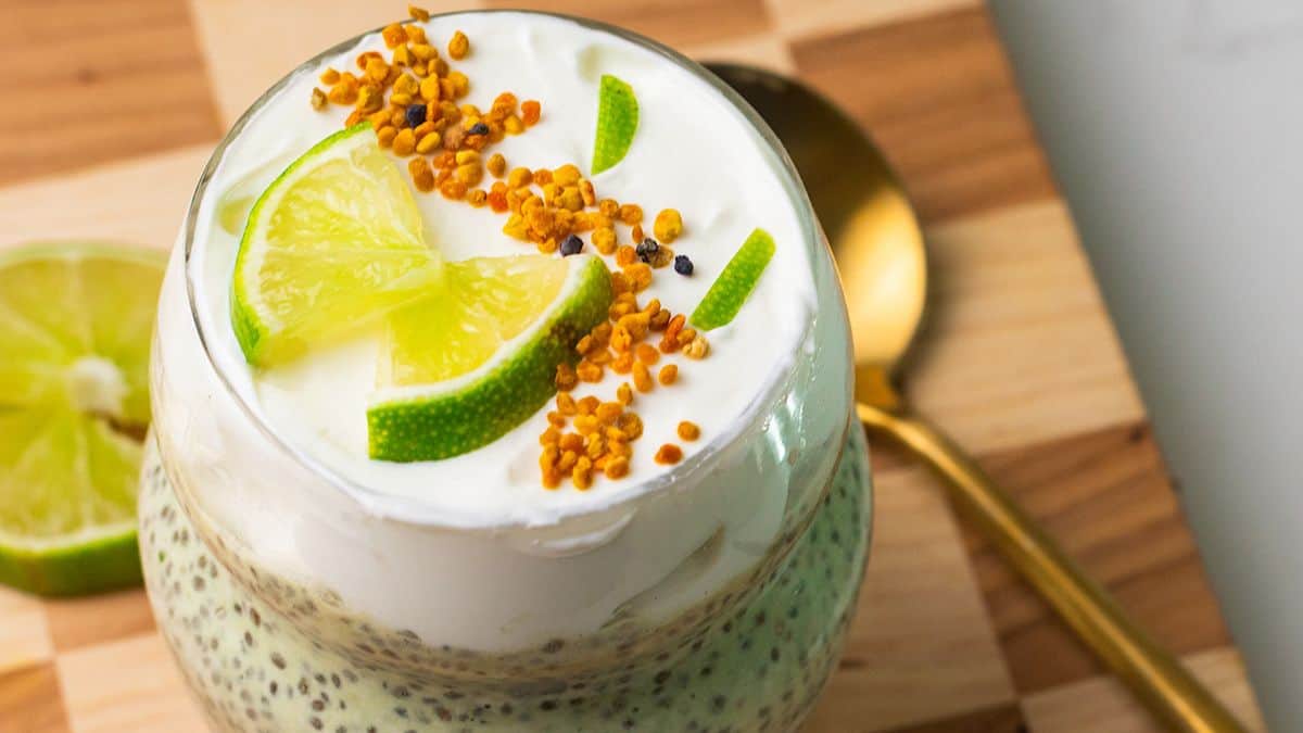 A jar of cottage cheese key lime pie chia pudding.