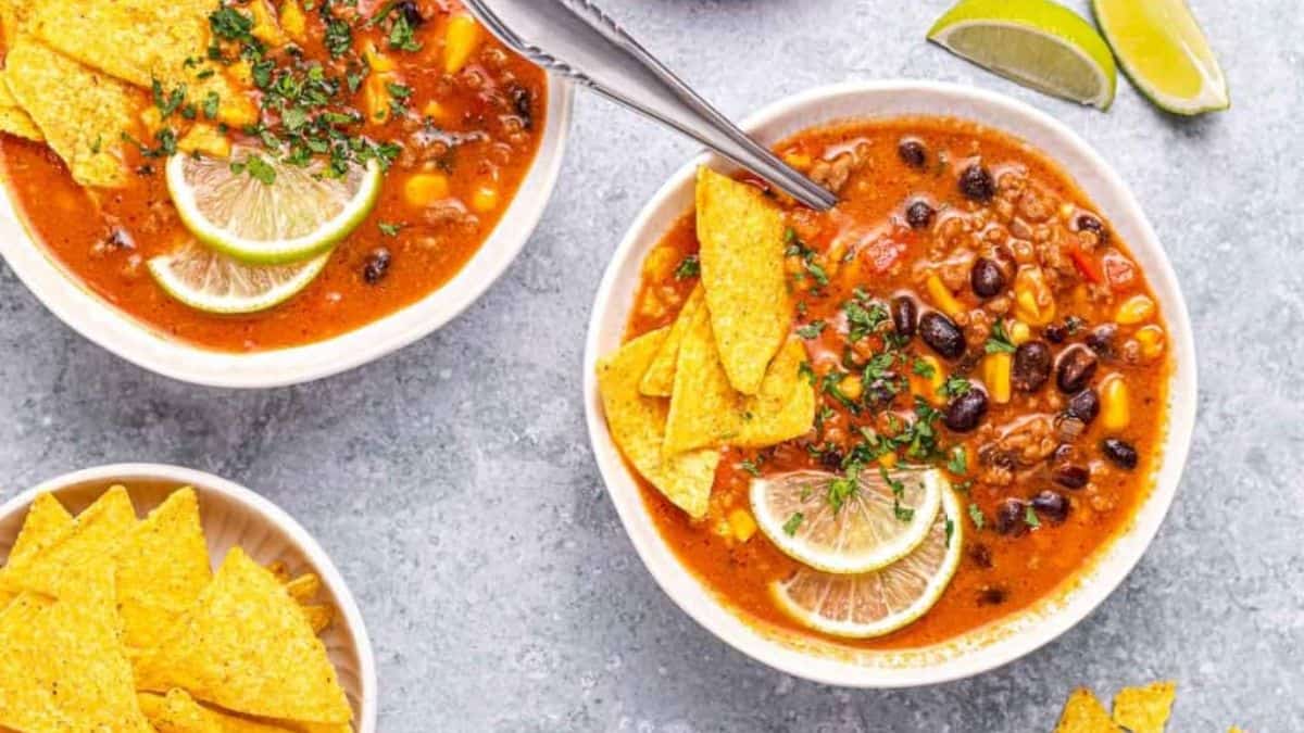 Bowls of Creamy Beef Enchilada Soup.