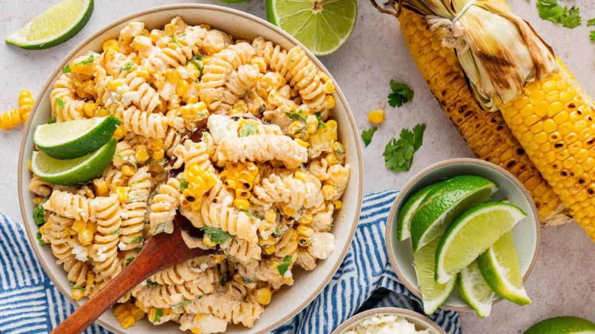 Creamy Street Corn Pasta Salad (Elote-Inspired) served in a bowl. 