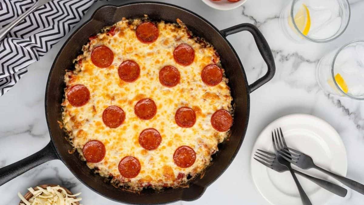 Crustless Pizza served on a cast iron pan. 