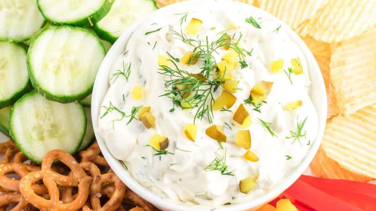 Dill Pickle Dip served in a bowl.