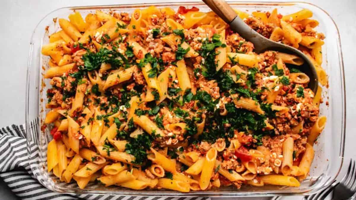Baked Ziti in a baking dish. 