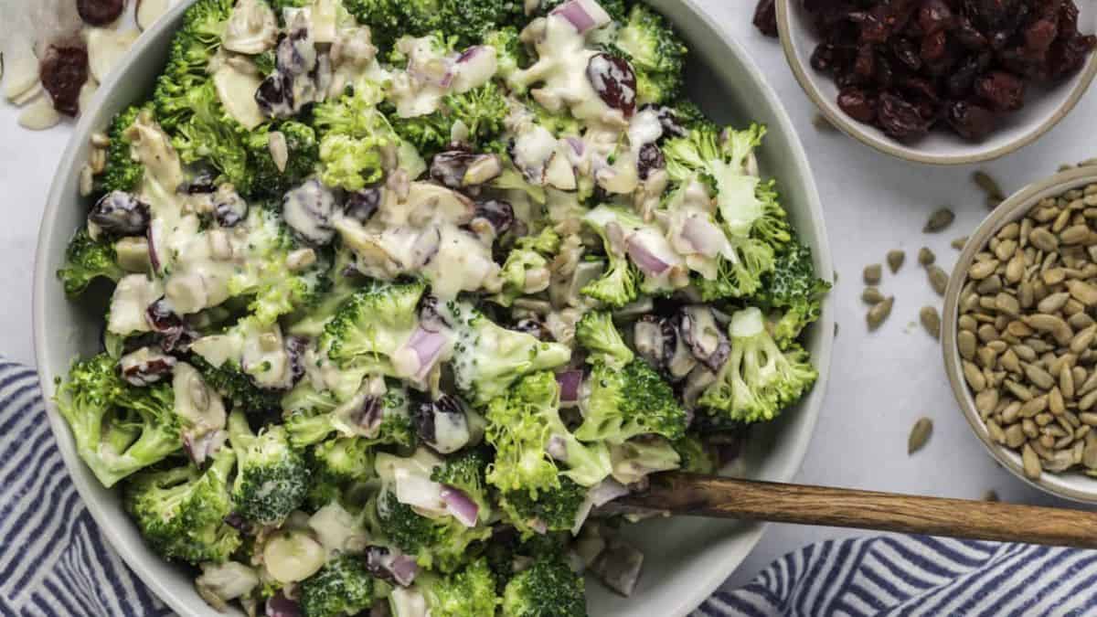 Easy Broccoli Salad With Creamy Greek Yogurt Dressing served in a bowl. 