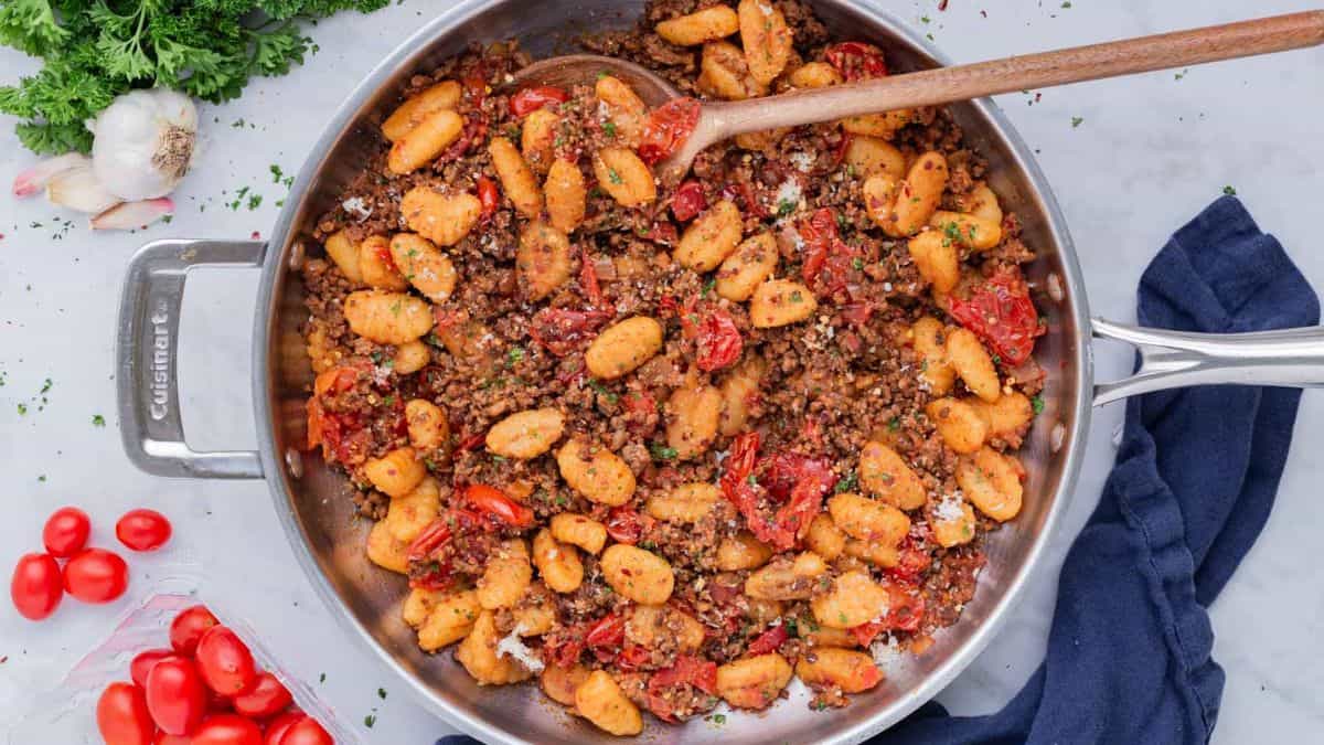 Gnocchi Bolognese in a pan. 
