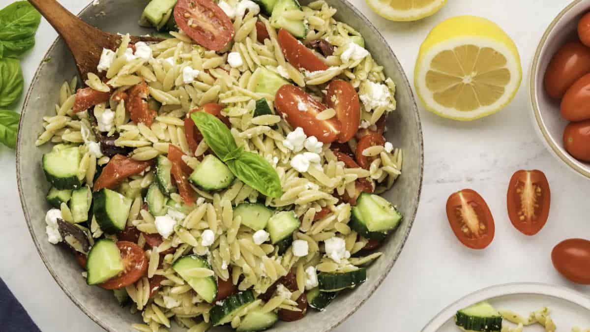 Easy Pesto Orzo Pasta Salad served in a bowl. 