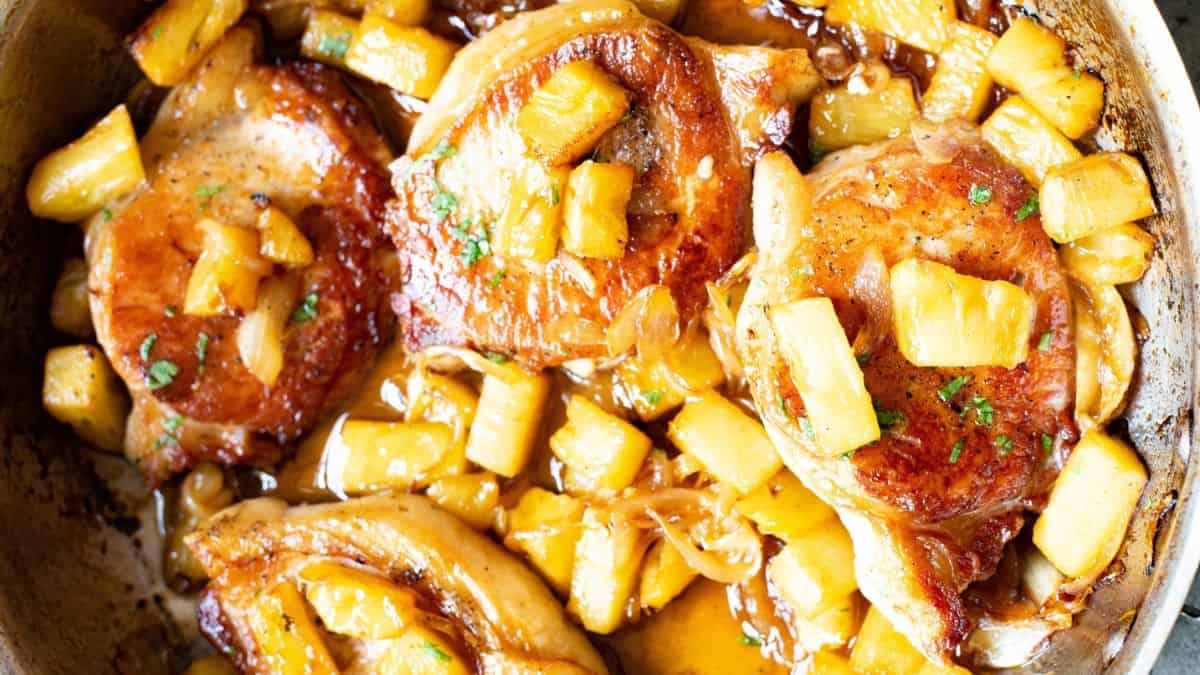 Easy Pineapple Pork Chops in a pan.
