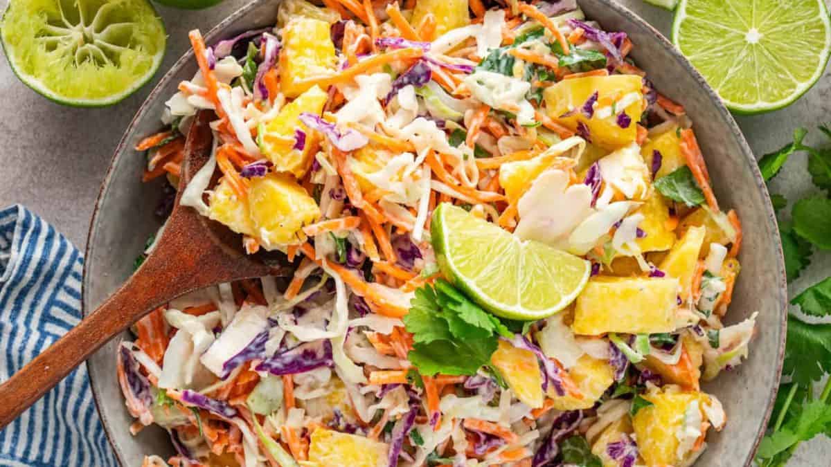 Easy Pineapple Slaw served in a bowl. 