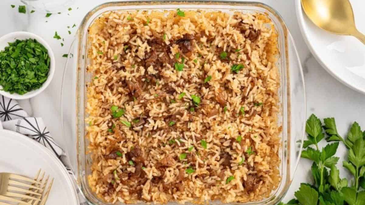 French Onion Rice served in a baking dish.