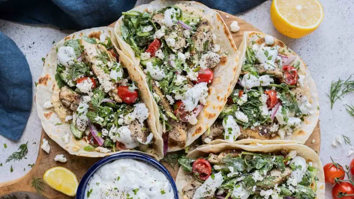 A few pieces of Greek Chicken Tacos with Tzatziki.