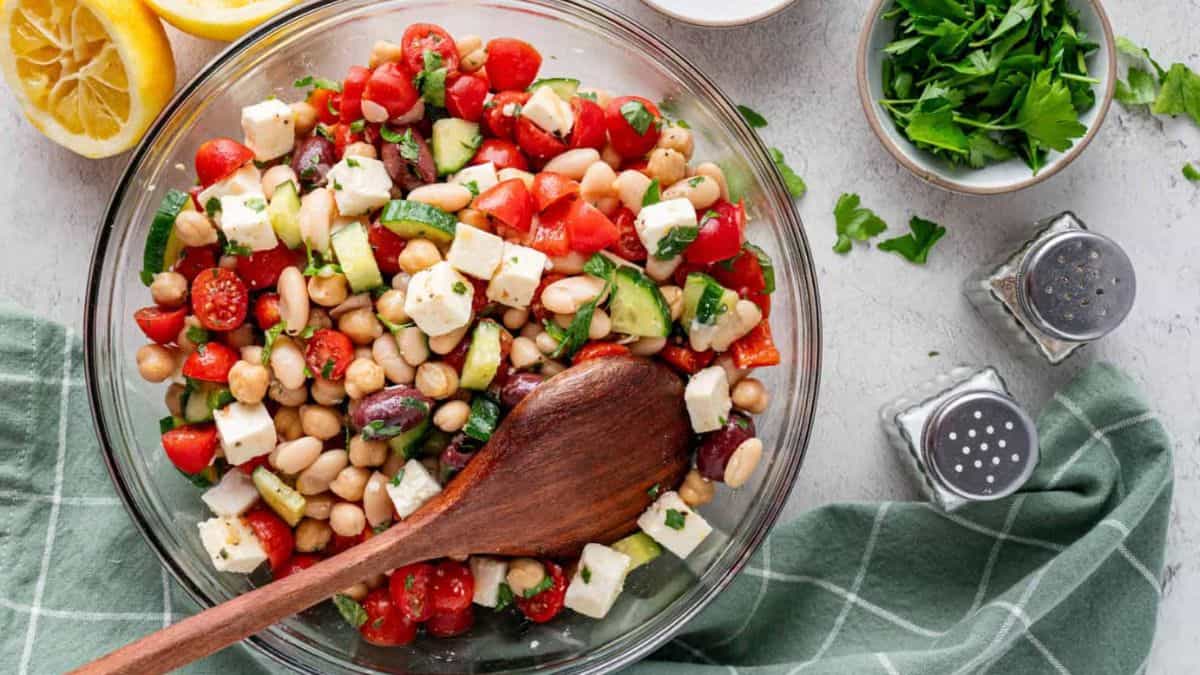 Greek-Inspired Mediterranean Bean Salad served in a bowl.
