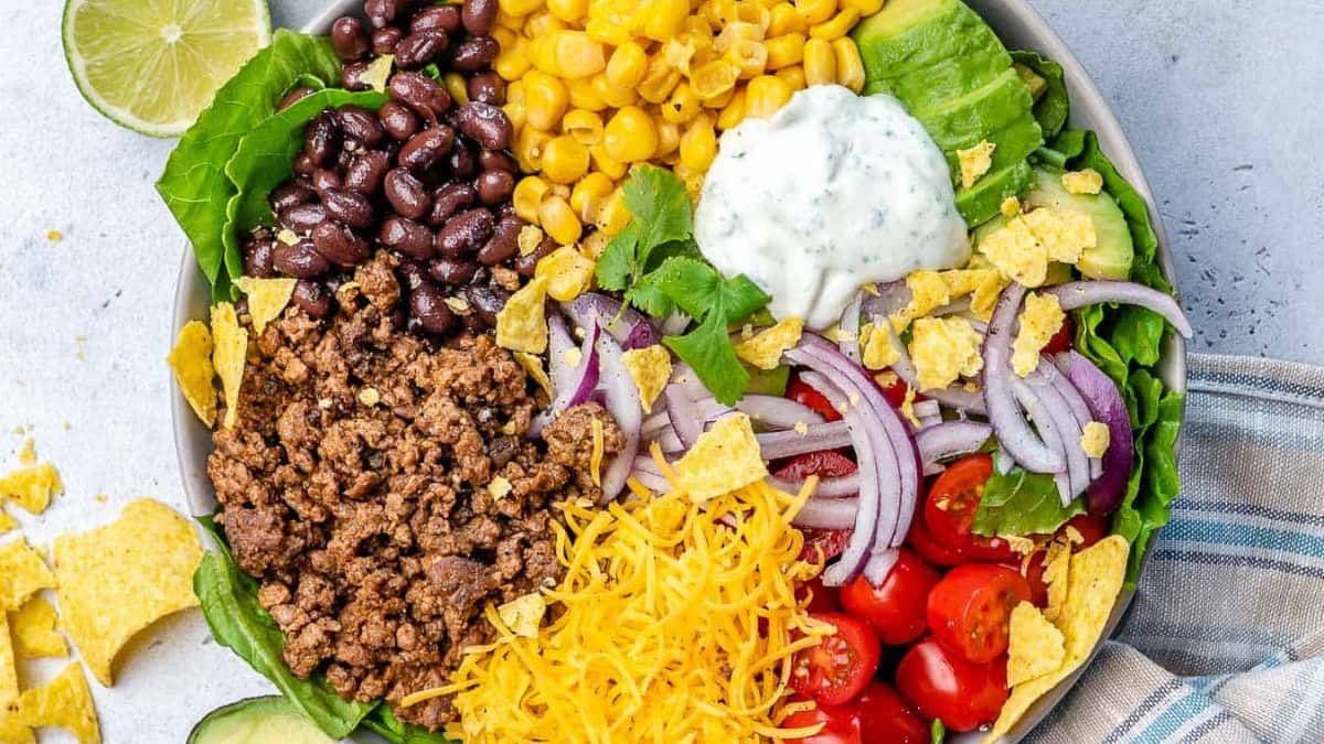 Ground Beef Taco Salad served in a bowl. 