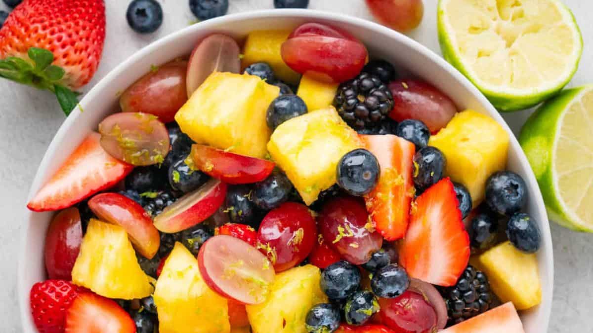 Honey Lime Fruit Salad served in a bowl. 