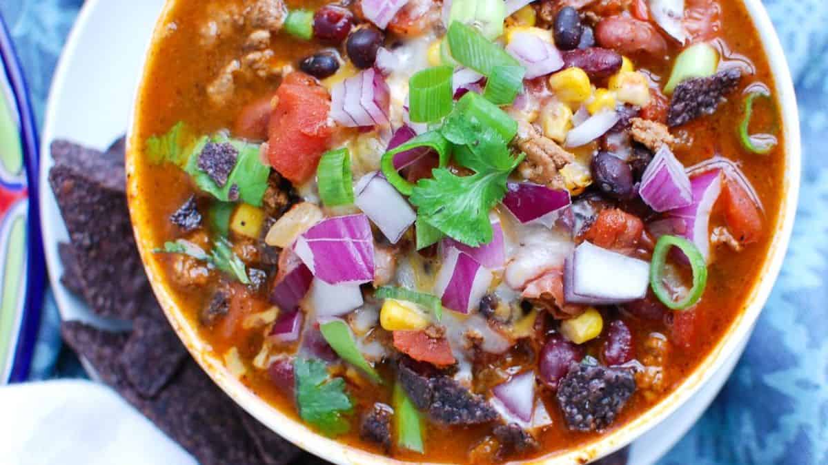 A serving of Instant Pot Turkey Chili in a bowl.