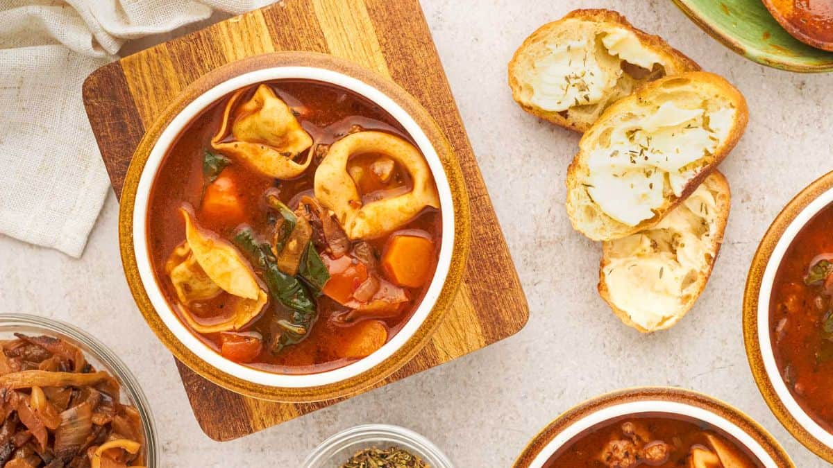 Italian Sausage Tortellini Soup served in a bowl. 
