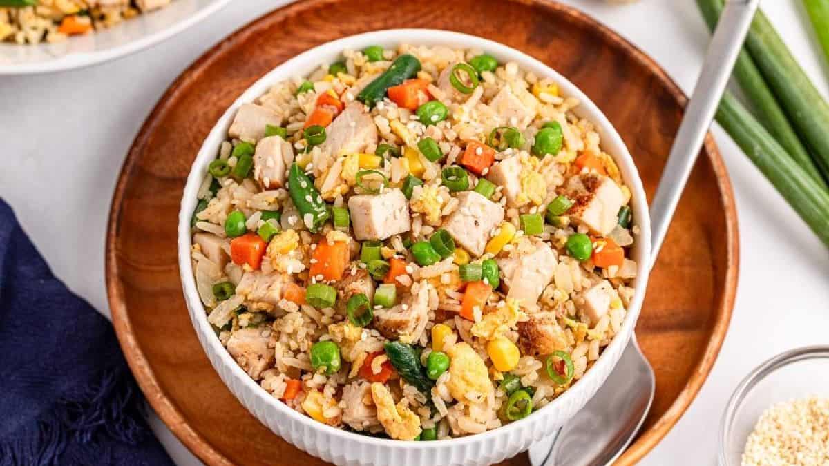 Leftover Turkey Fried Rice served in a bowl. 