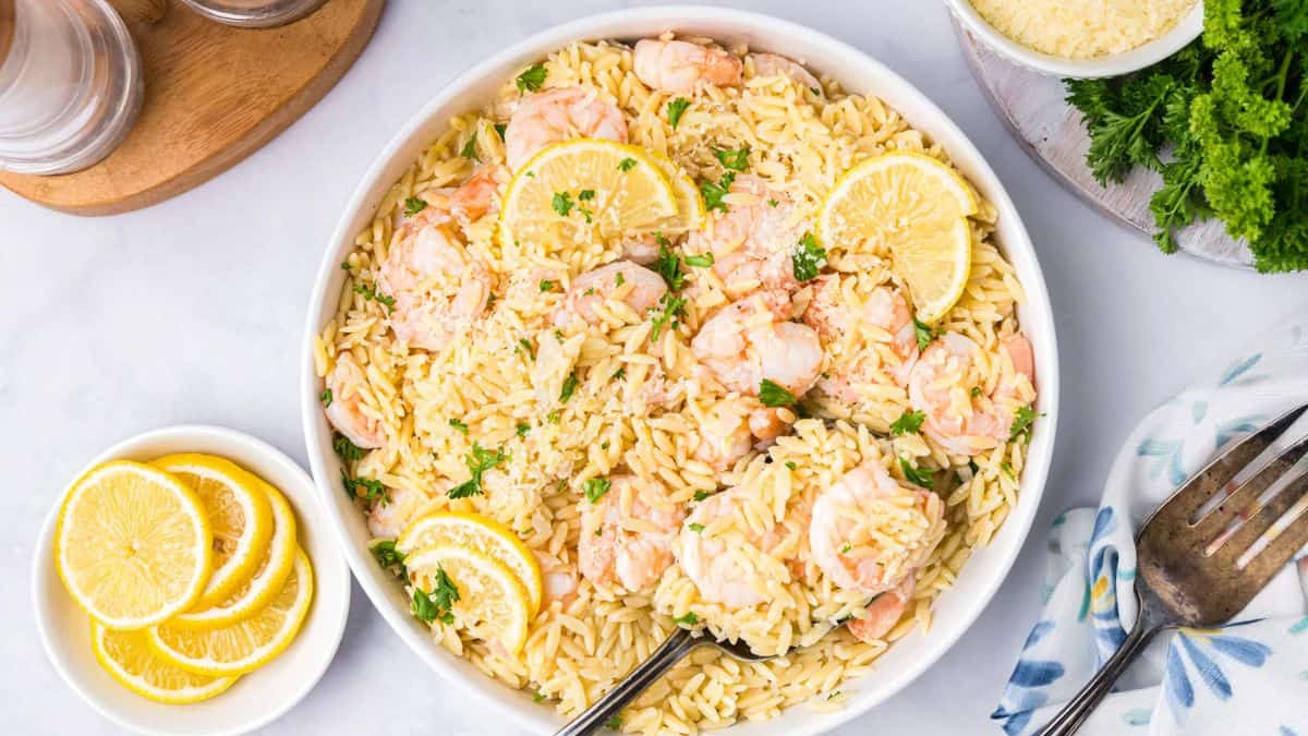 A serving of Lemon Shrimp and Orzo.