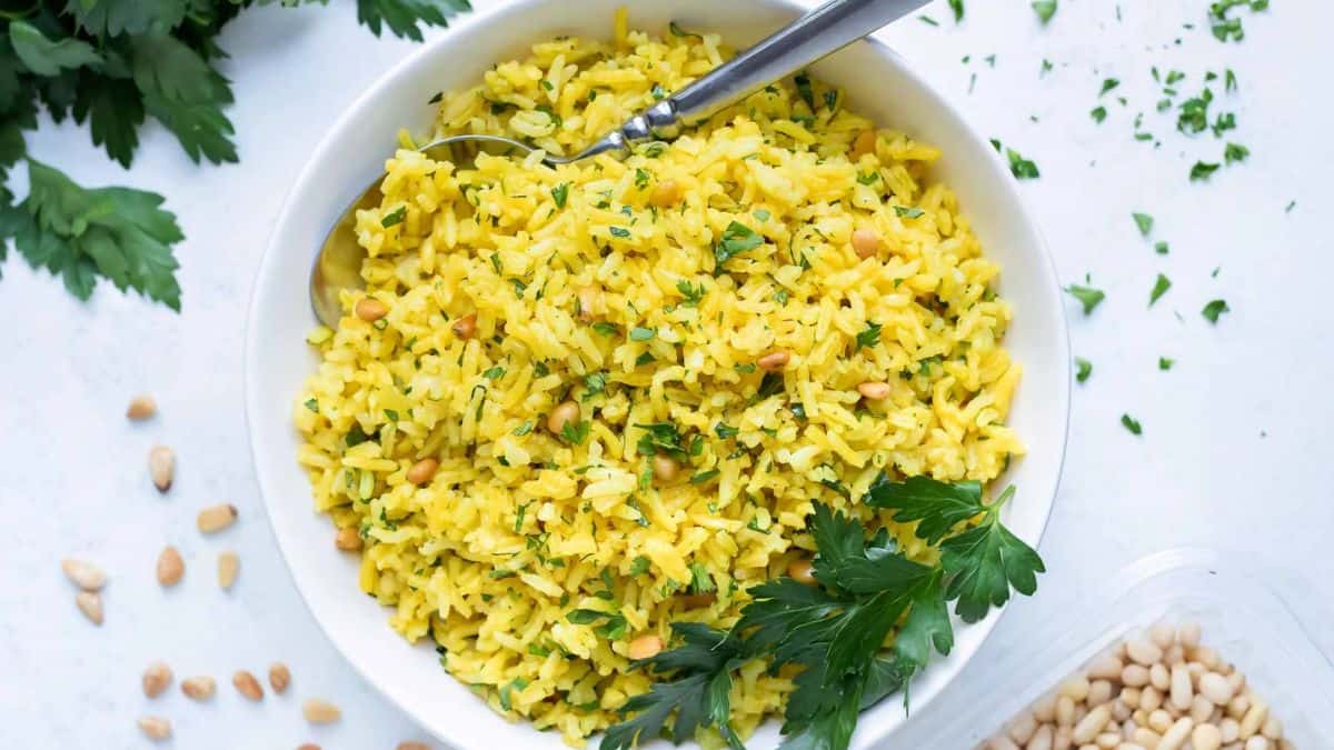 Mediterranean Yellow Rice in a bowl.