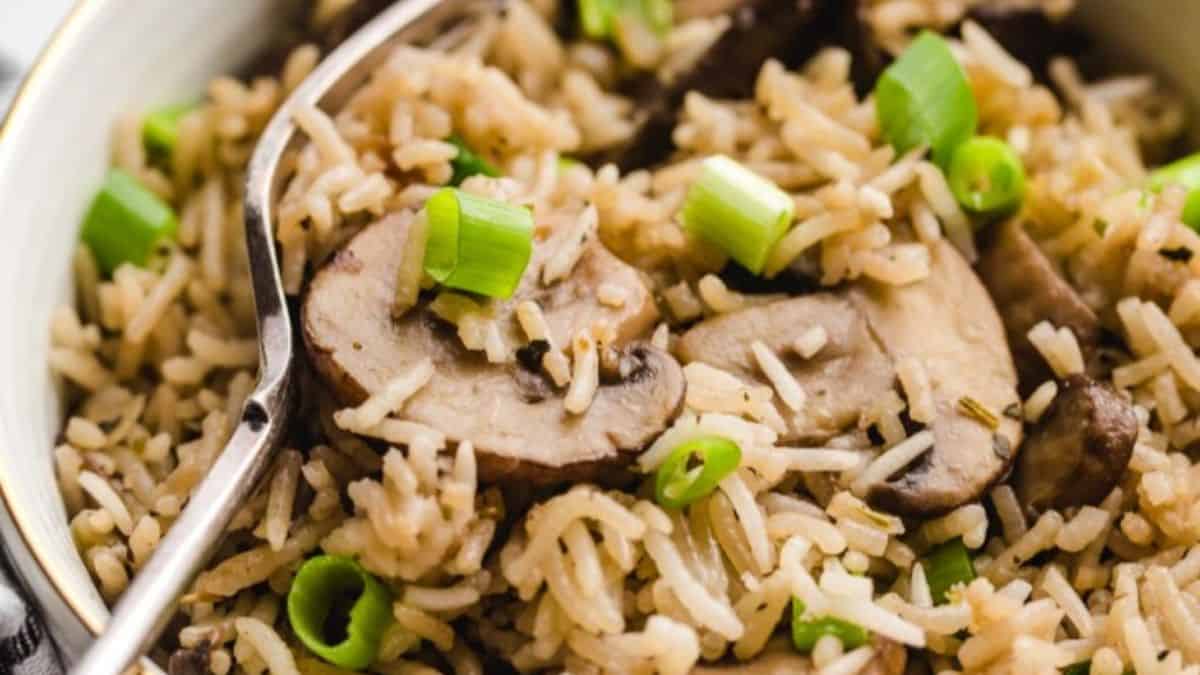 Mushroom Rice served in a bowl.