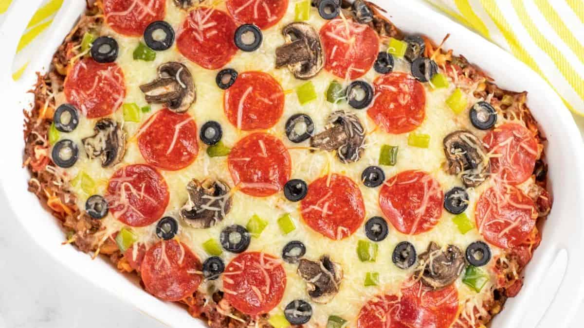 Pizza Casserole (Pizza Pasta Bake) served on a baking dish.