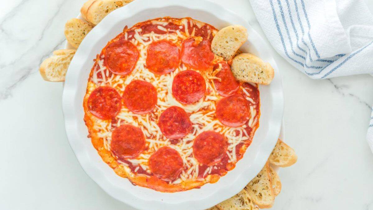 Pizza Dip served in a bowl. 