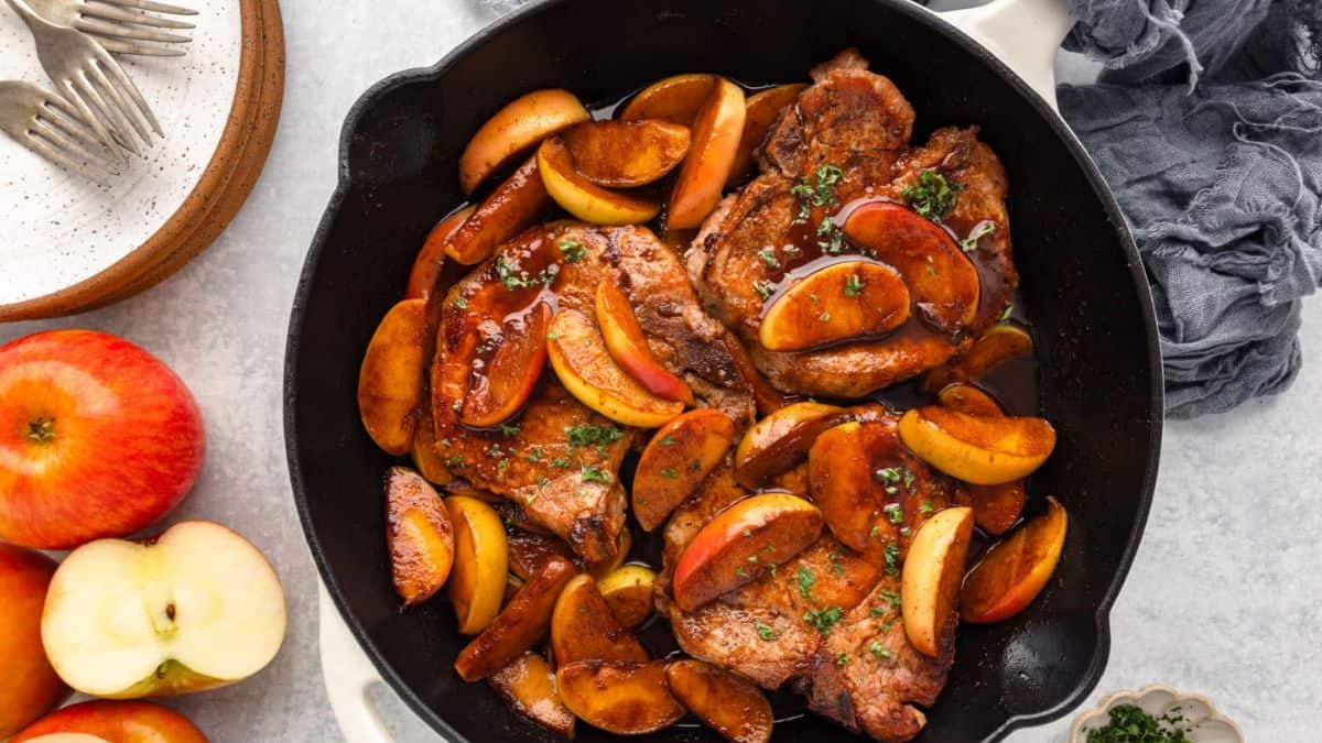 Pork Chops and Apples served in a bowl.
