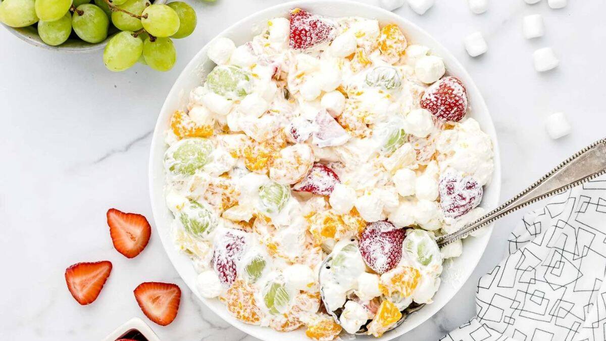 Pudding Fruit Salad served in a plate.