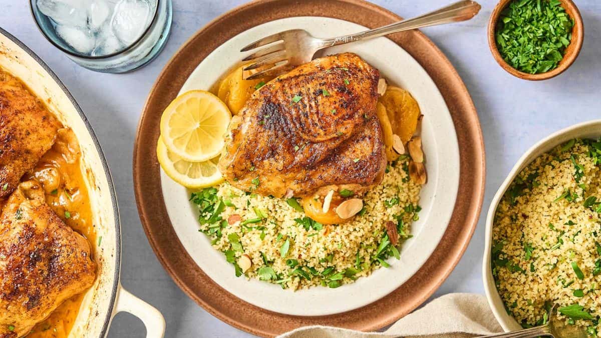 Roasted Apricot Chicken served on a plate with rice.