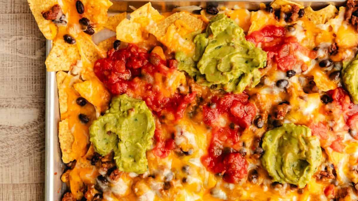 Sheet Pan Nachos on a baking pan. 