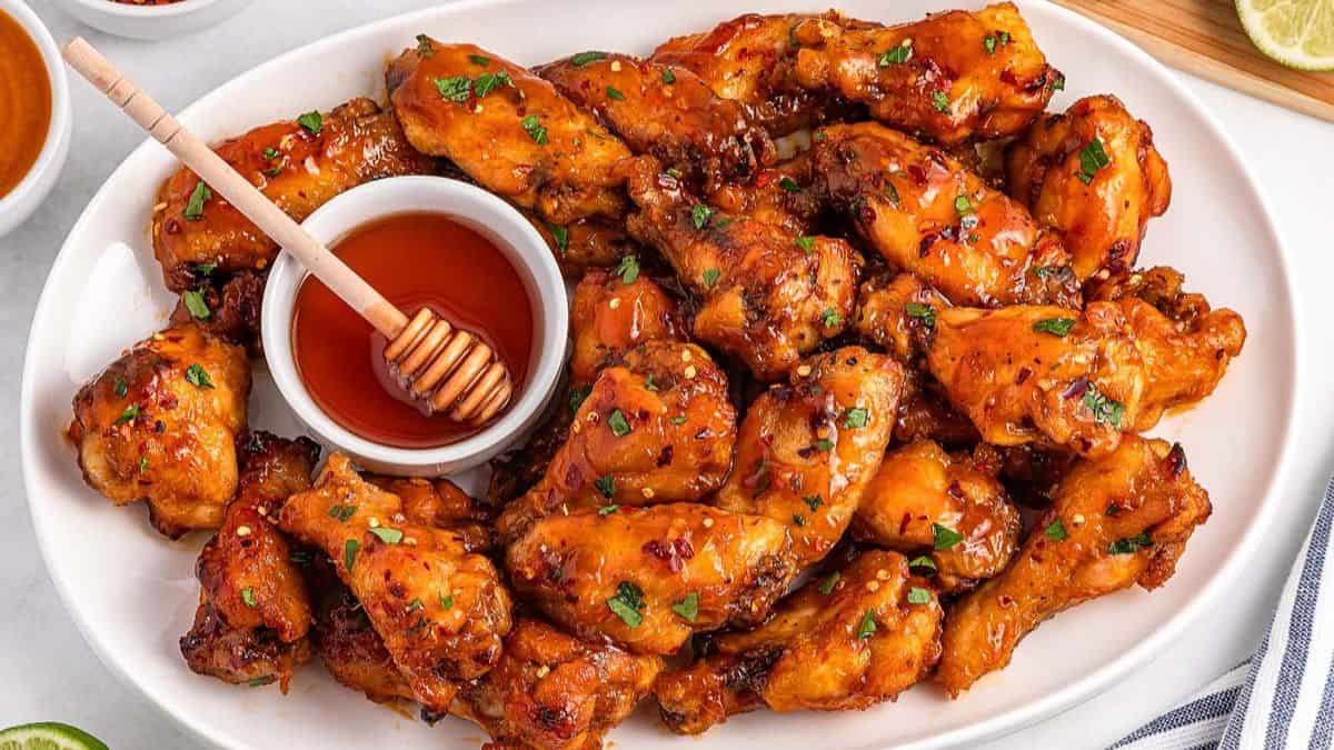 Hot Honey Wings served on a platter. 
