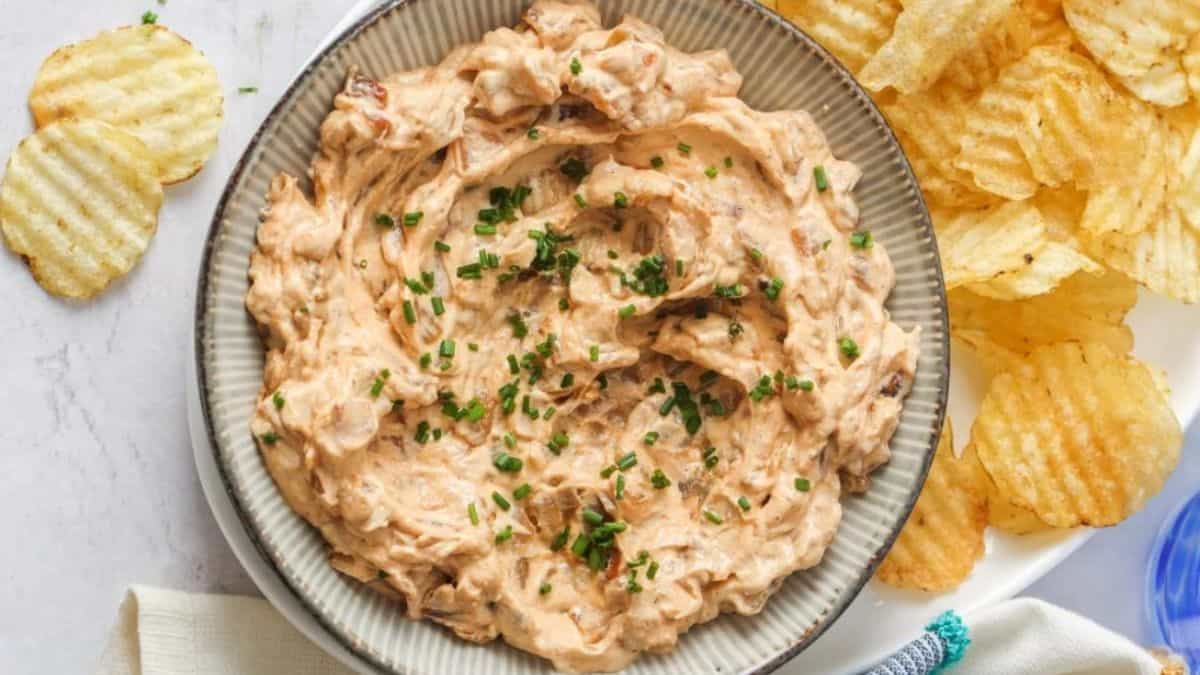 Smoky Caramelized Onion Dip served in a bowl.