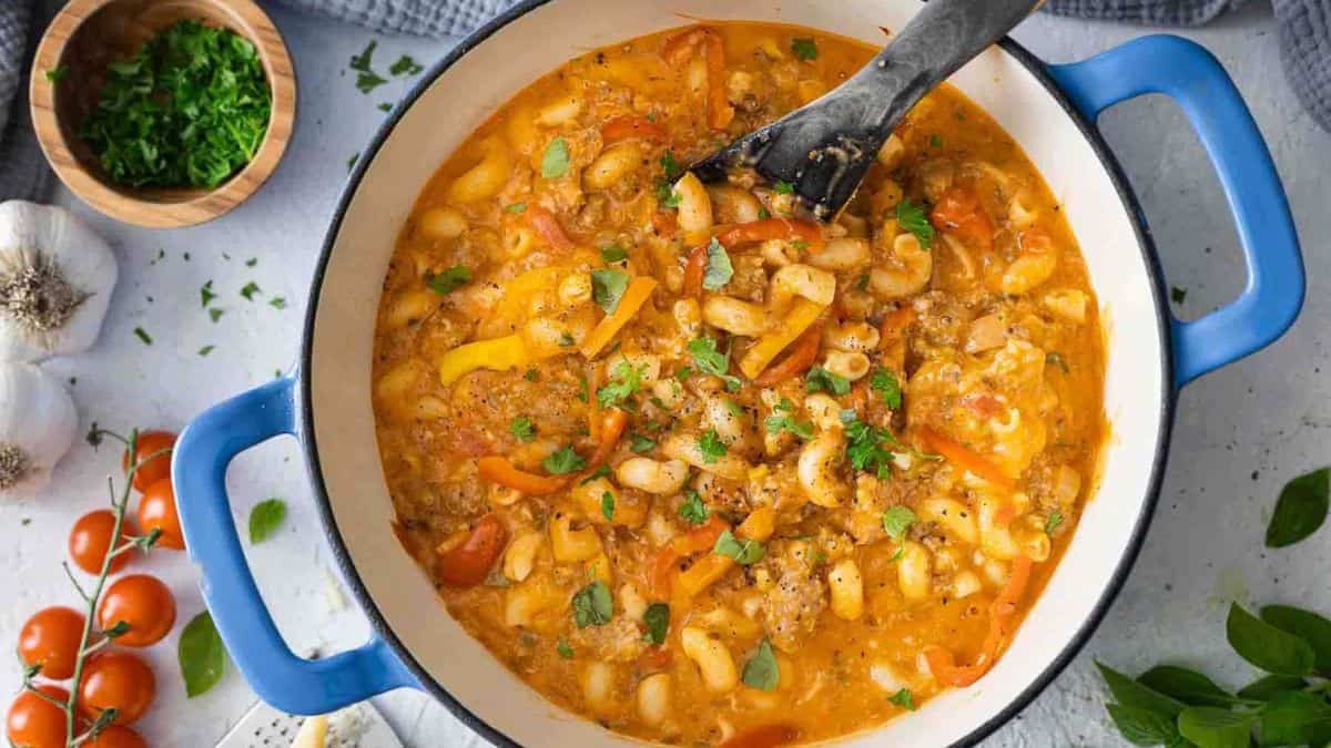 Spicy Sausage & Pepper One-Pot Pasta served in a pot.