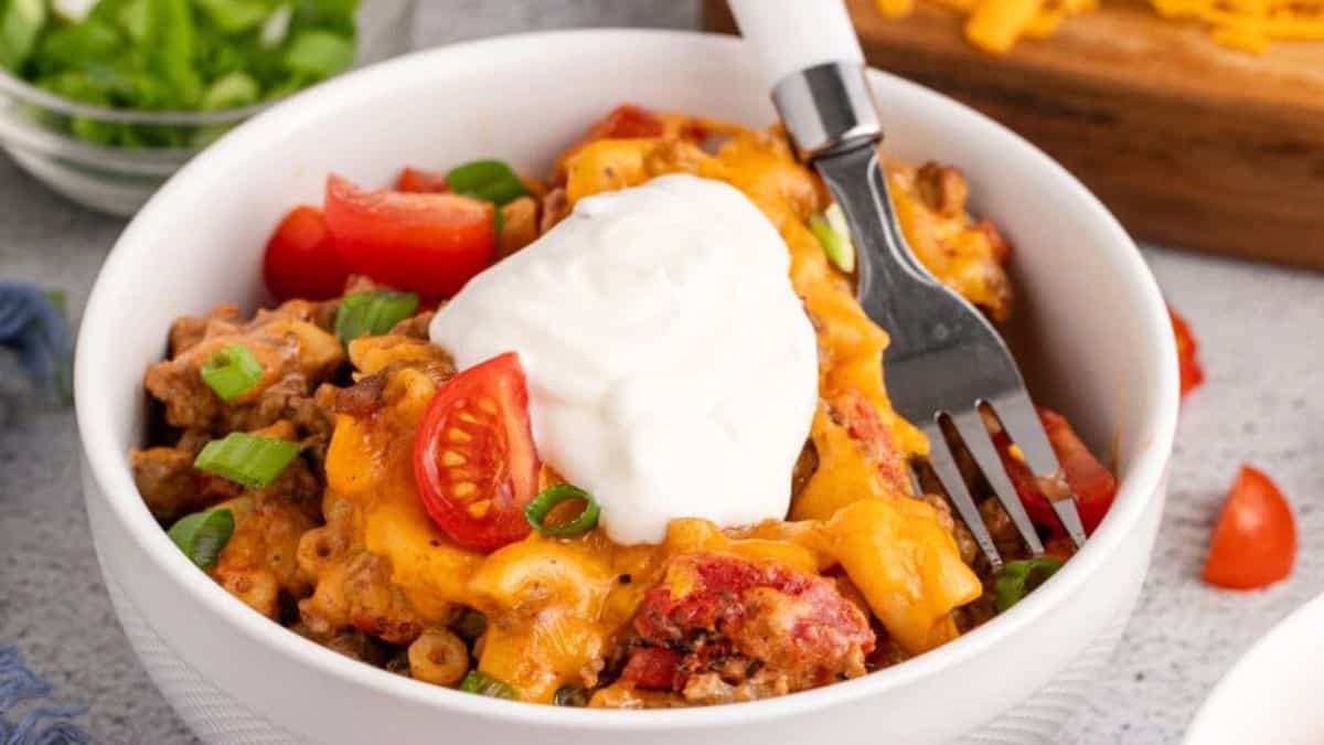 Taco Macaroni and Cheese served in a bowl.