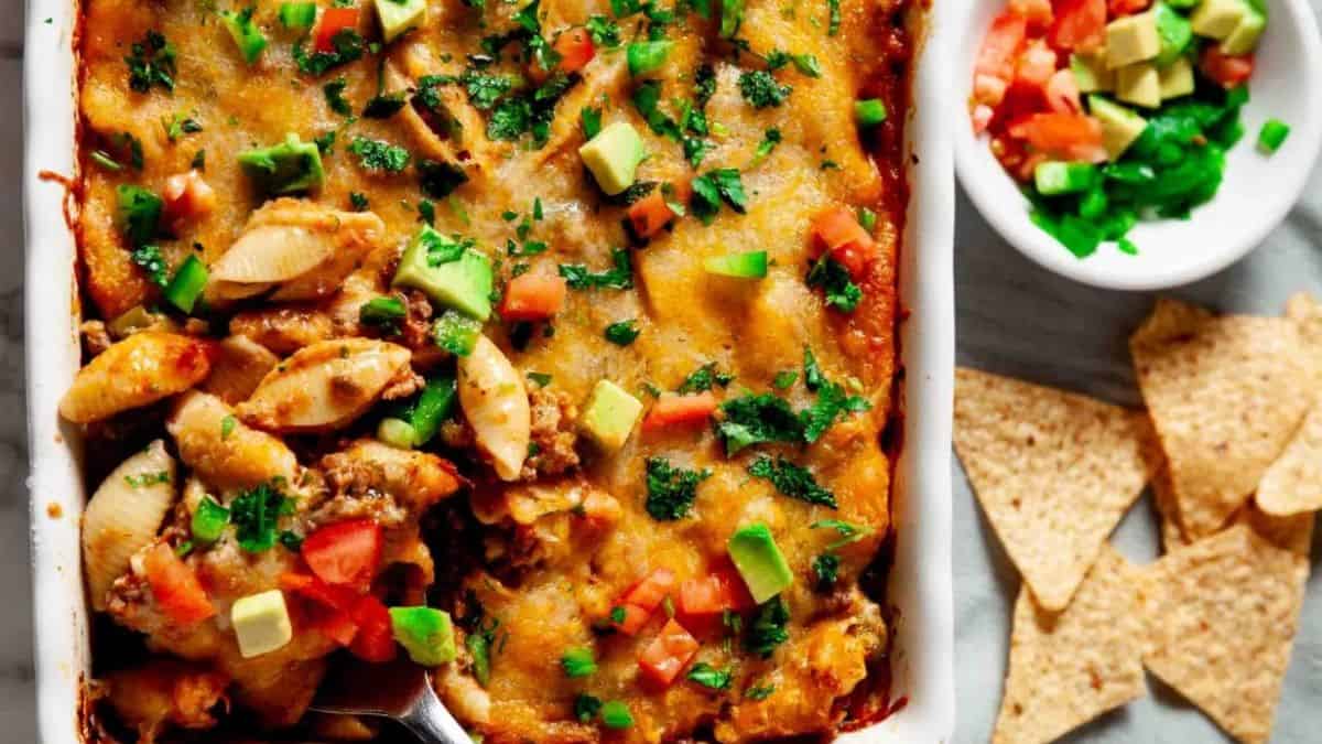Taco Pasta in a baking pan.