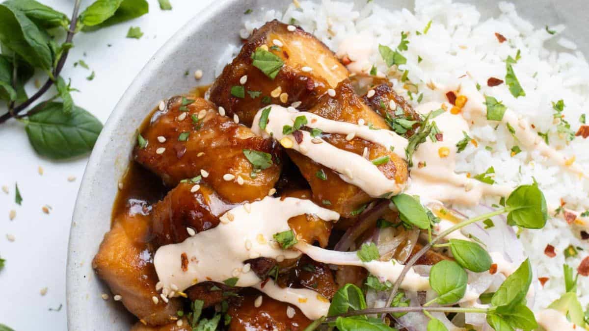 A serving of Teriyaki Salmon Bites with rice.