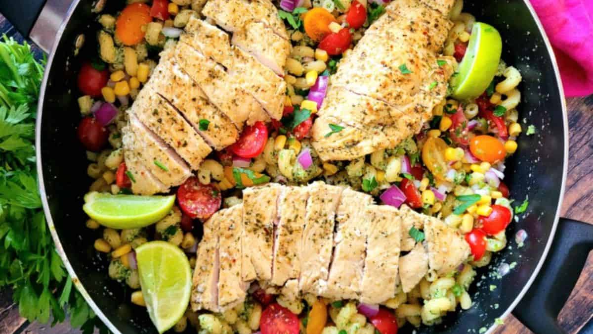 Tomato Corn Pasta Salad in a pan. 