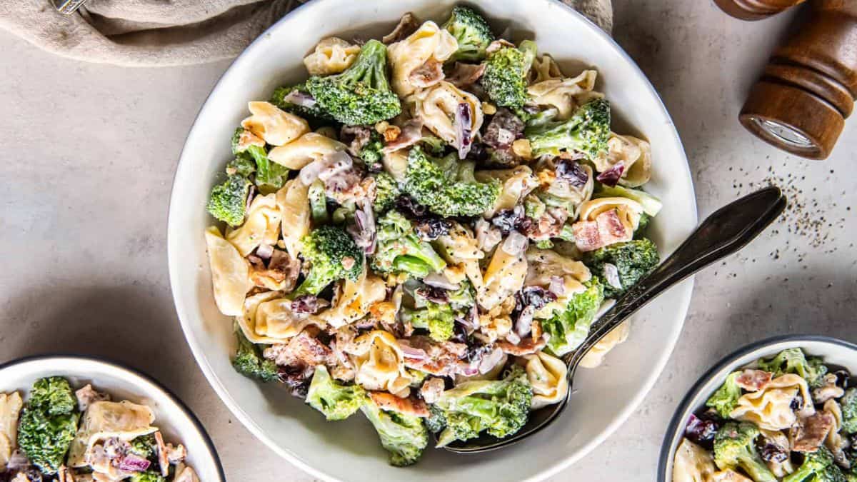A bowl of tortellini Broccoli Salad