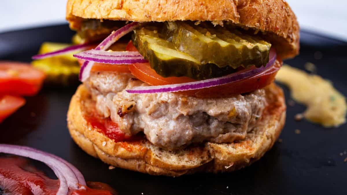 A single serving of Turkey Burgers, served on a plate. 