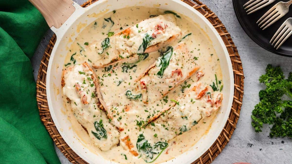 Tuscan Salmon in a pan.