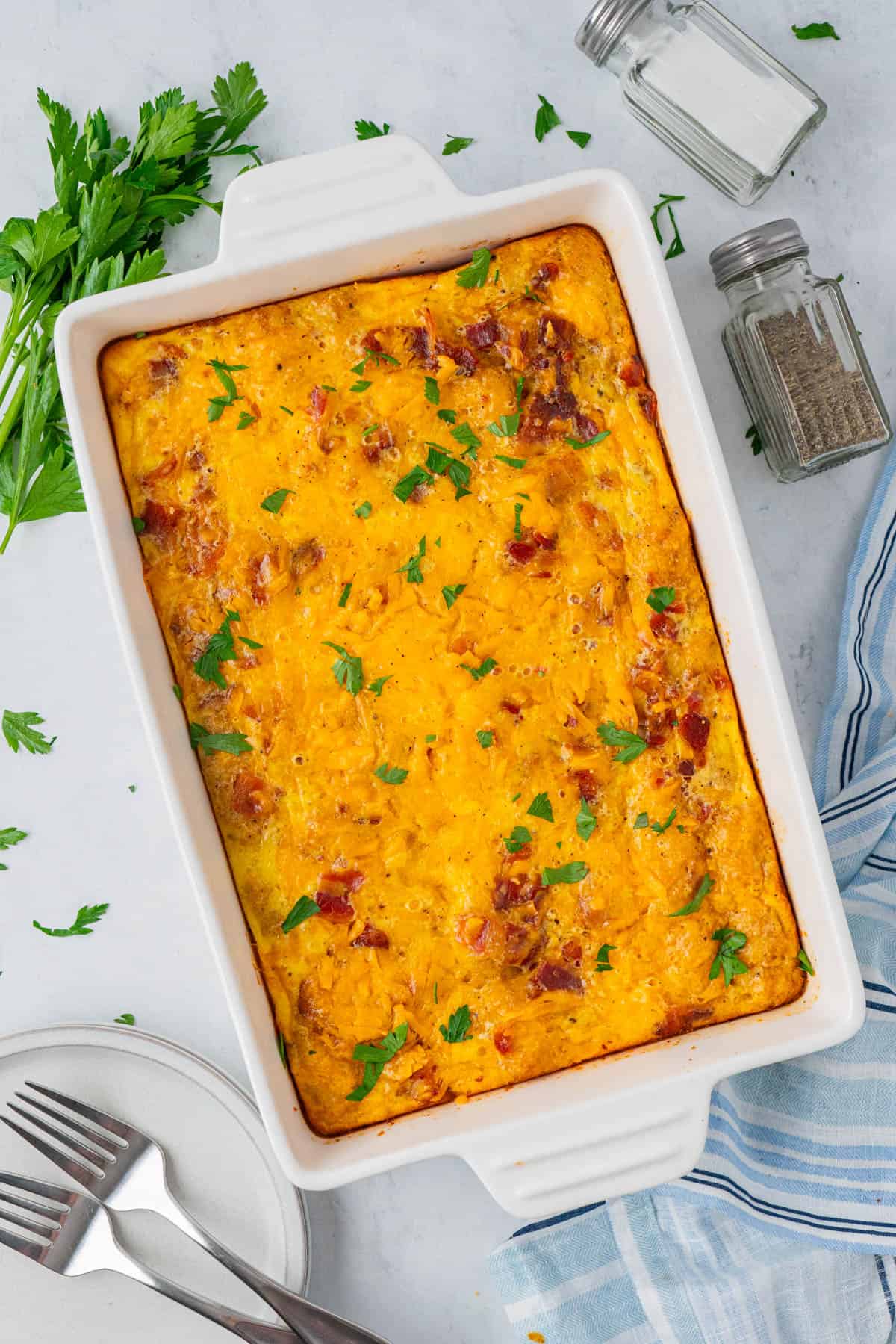 Tater Tot Breakfast Casserole With Bacon in a casserole dish.