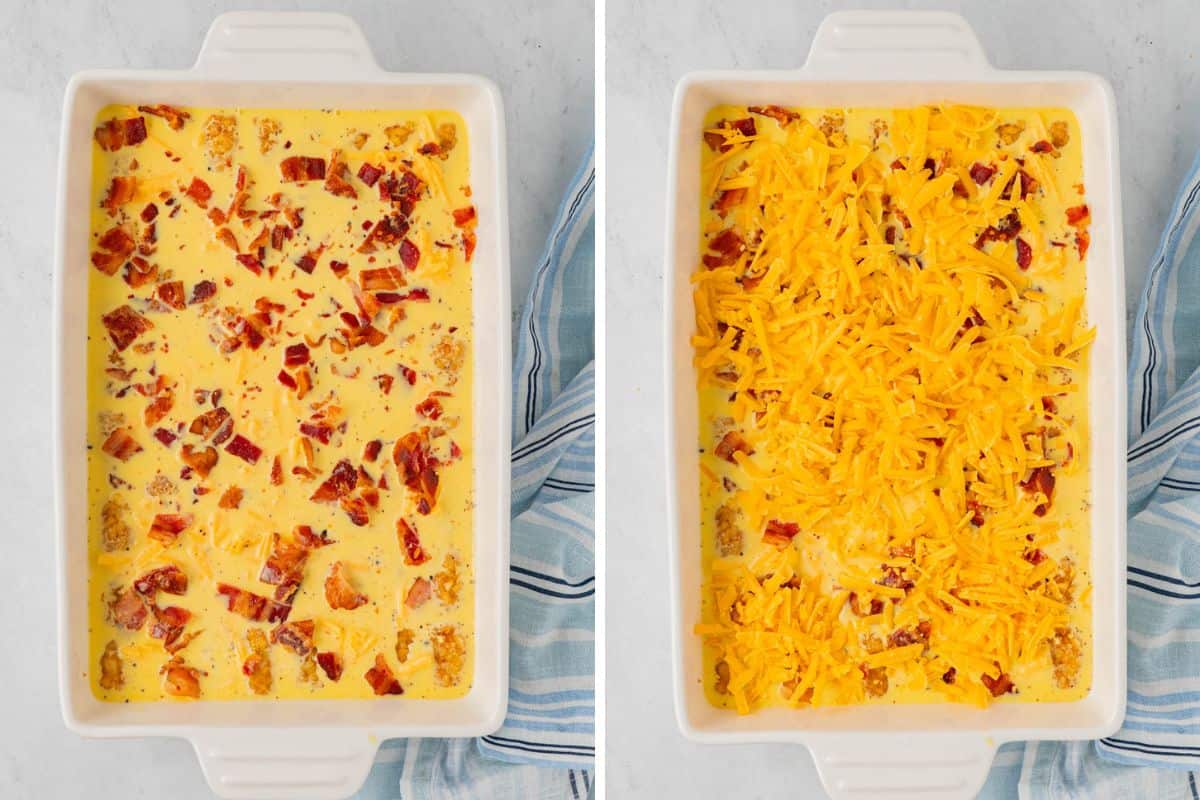 Side-by-side photo: Left: casserole dish filled with the mixture, is layered with bacon bites; Right, layered with cheese. 