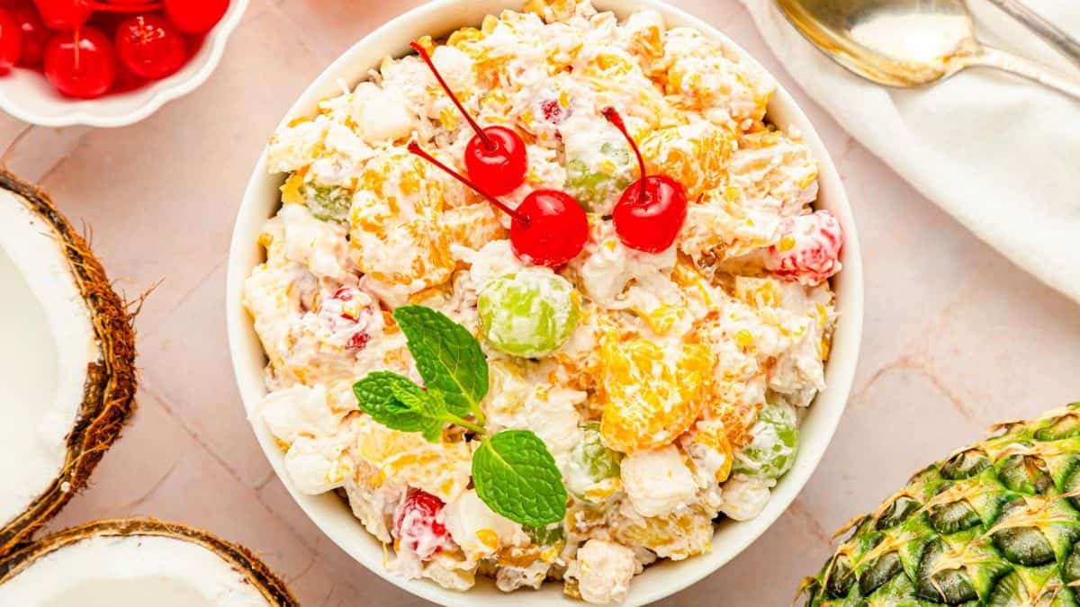 Ambrosia Fruit Salad served in a bowl.