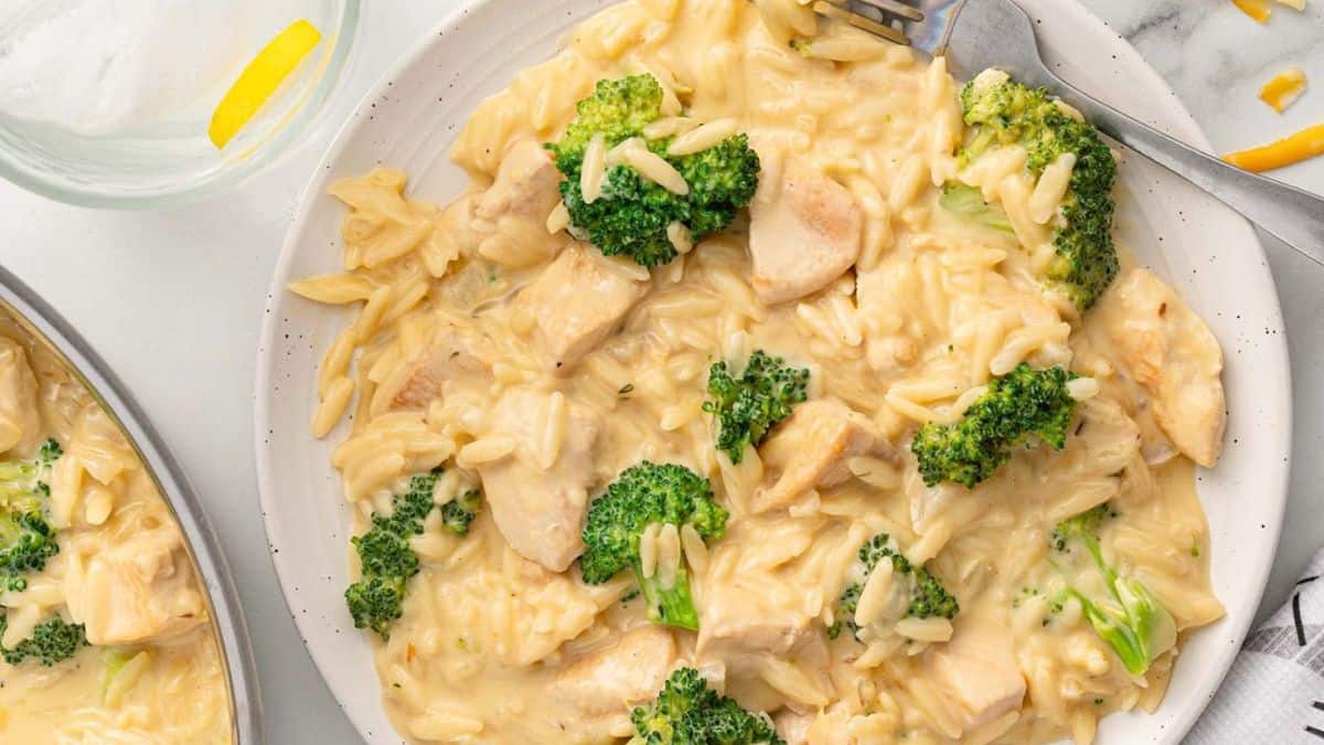 A serving of Cheesy Chicken Orzo.