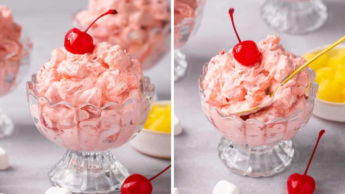 Cherry fluff salad in dessert glasses