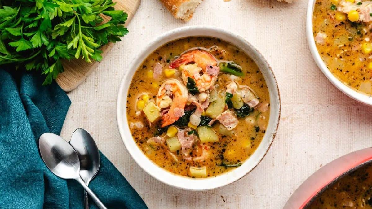 Corn and Shrimp Chowder with Coconut Milk served in a bowl. 