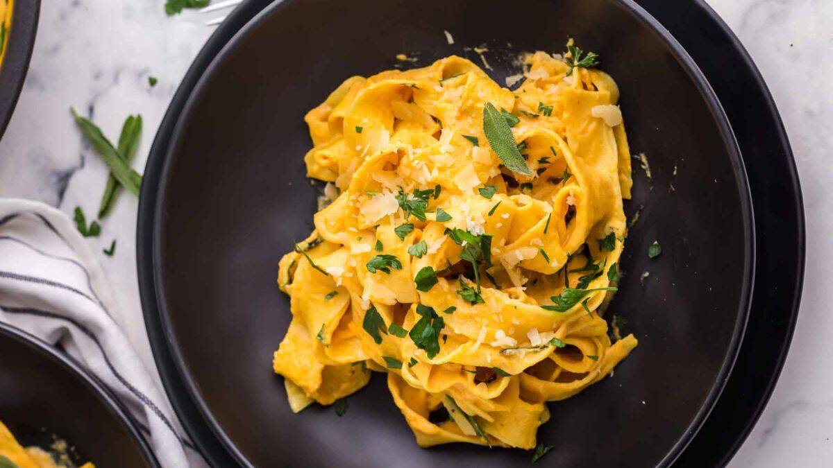 A serving of Creamy Pumpkin Alfredo.