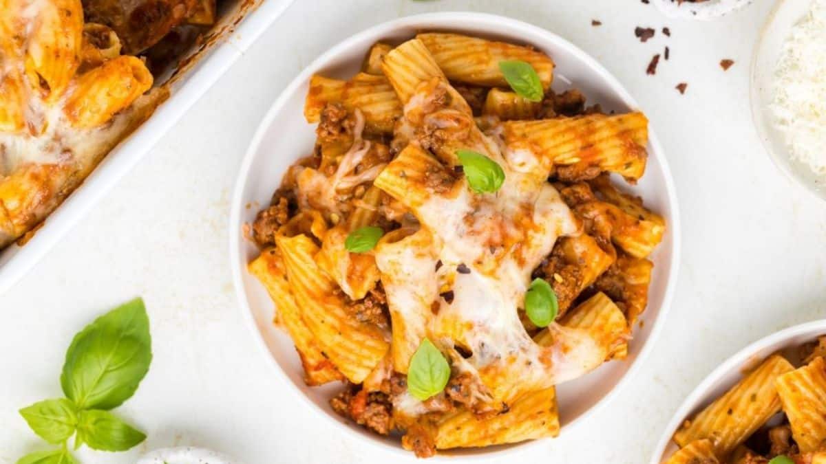 A serving of Baked Rigatoni with Ground Beef.