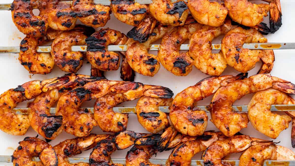 A few pieces of Grilled Honey Chili Lime Shrimp Skewers.